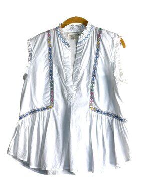 Current/Elliott Women's Ruffle Collar Geometric Stitch Top White Size M